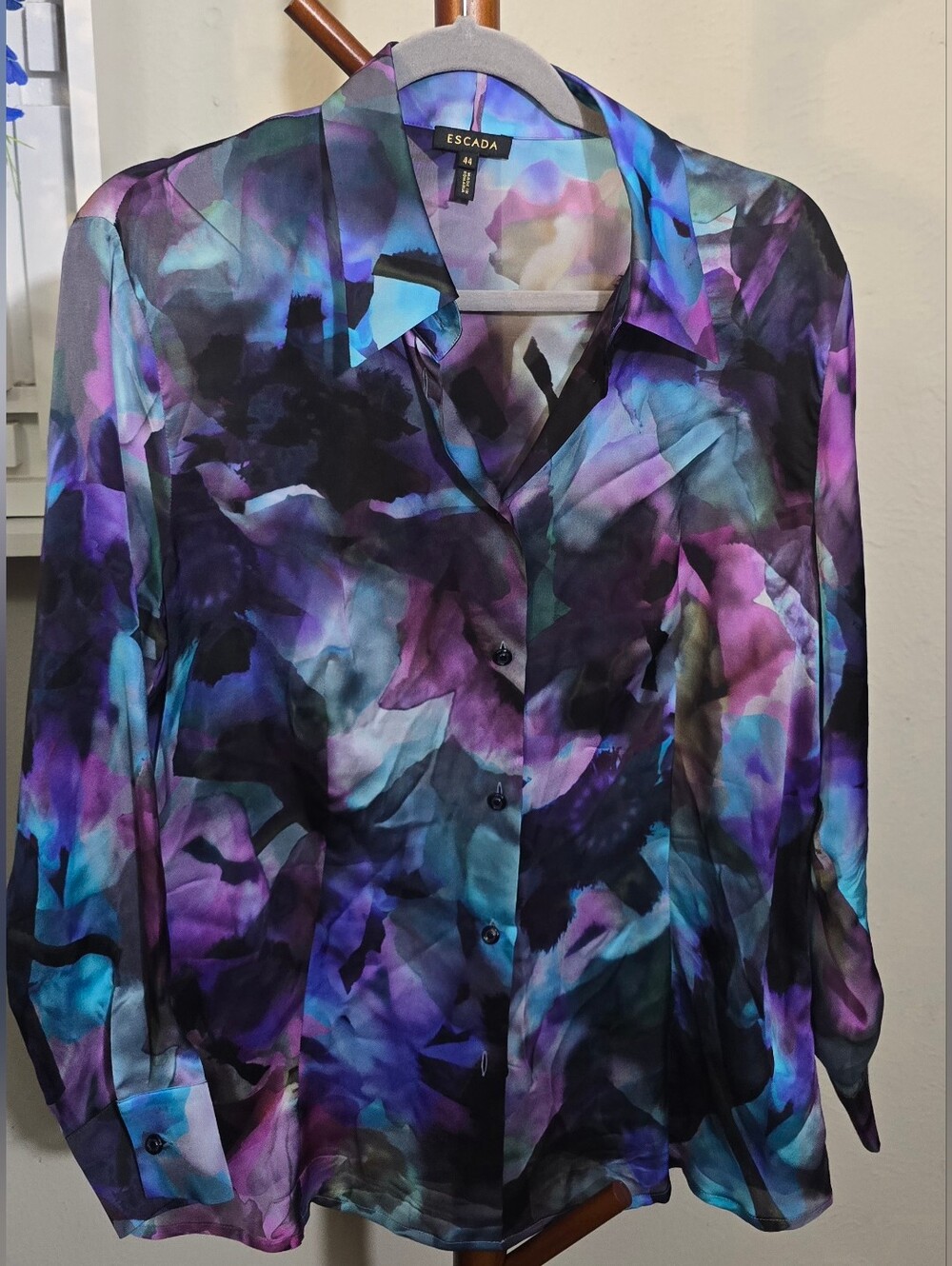 Escada 90s Multicolor Blue Purple Abstract Silk Button-Down Blouse Sz L